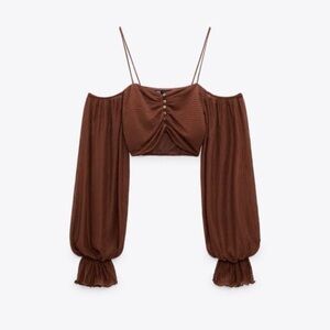 NWT Zara Brown Ruched Crop Top | Puff Sleeve Coquette Blouse | Size S